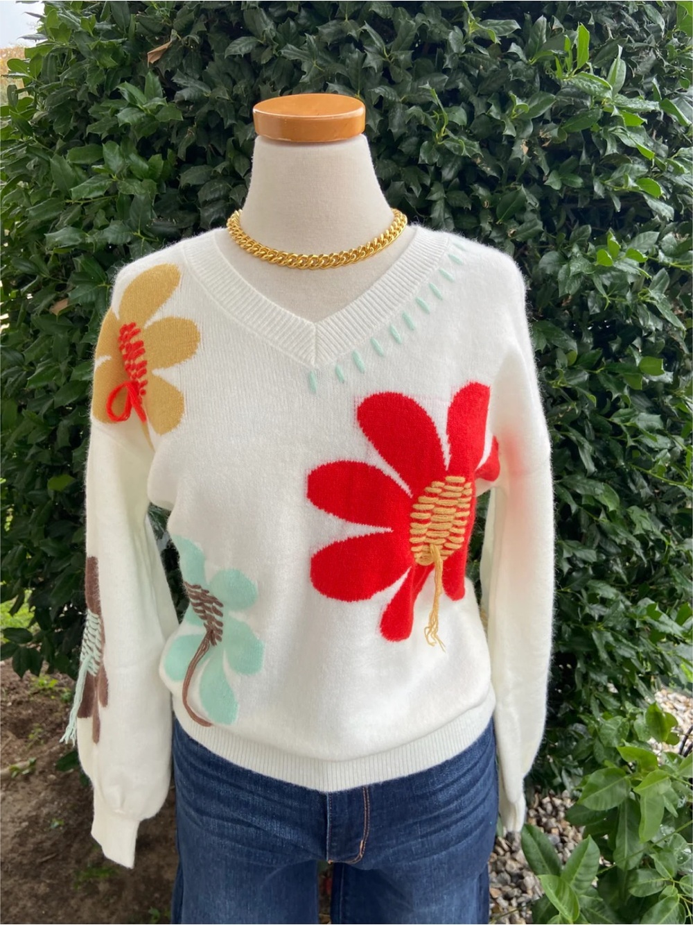 Shine.  White V-Neck Flower Appliqué Sweater - Red & Mint Floral